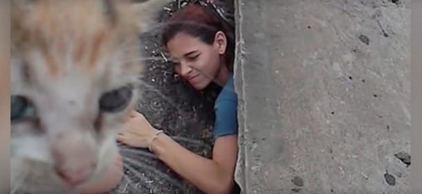 Sente miagolare sotto il marciapiede: quello che fa per salvare il gatto è incredibile [VIDEO]