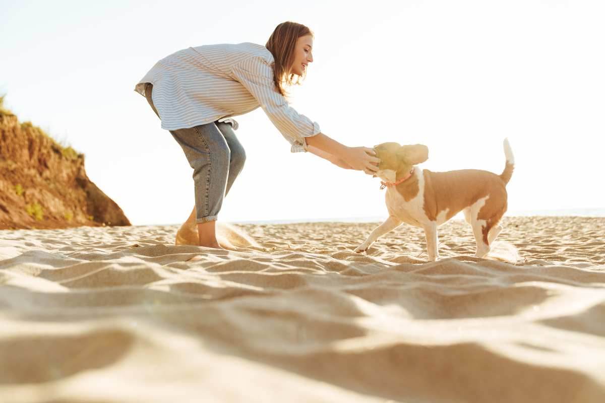 donna gioca col cane in spiaggia